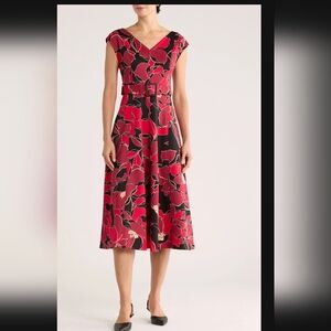 Calvin Klein Floral Red and Black Cap Sleeve Midi Dress Sz 14